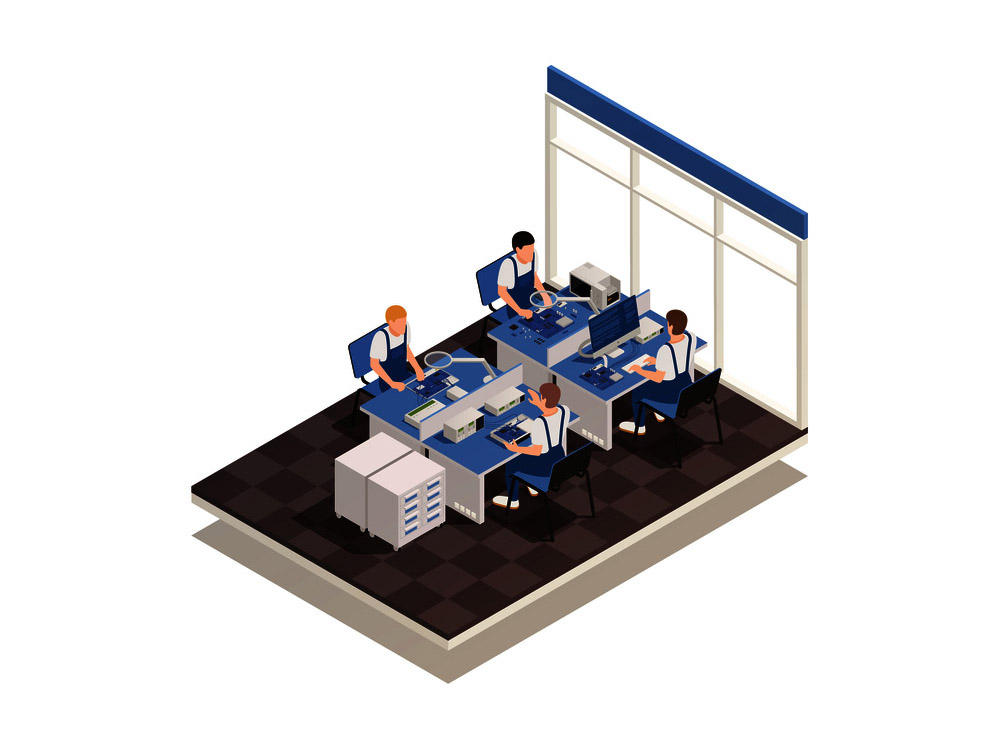 Warranty service isometric vector illustration with expert group in office interior working with damage devices at their work place