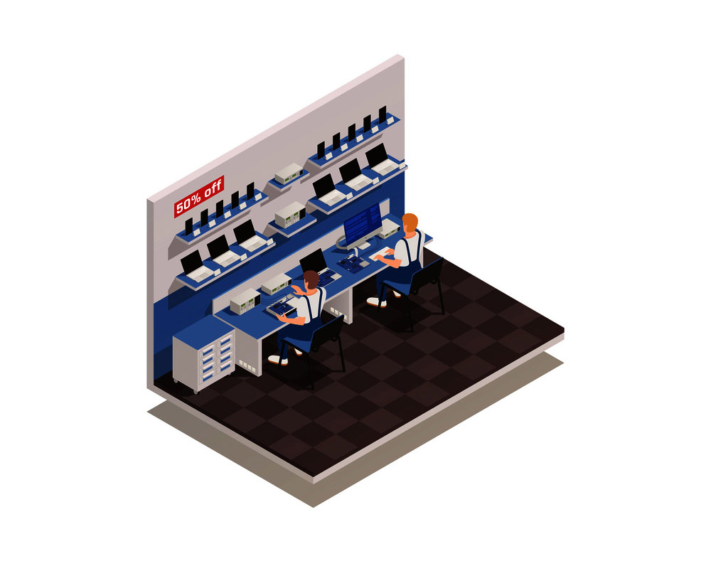 Refurbished electronics isometric composition with two male character repairing computers and smartphones in warranty center vector illustration
